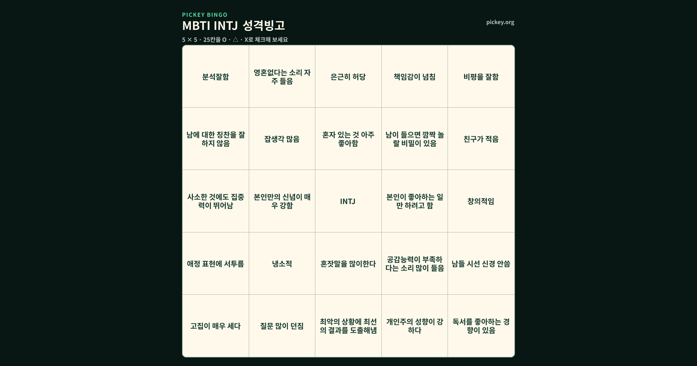 MBTI INTJ 성격빙고 5 × 5 빙고판