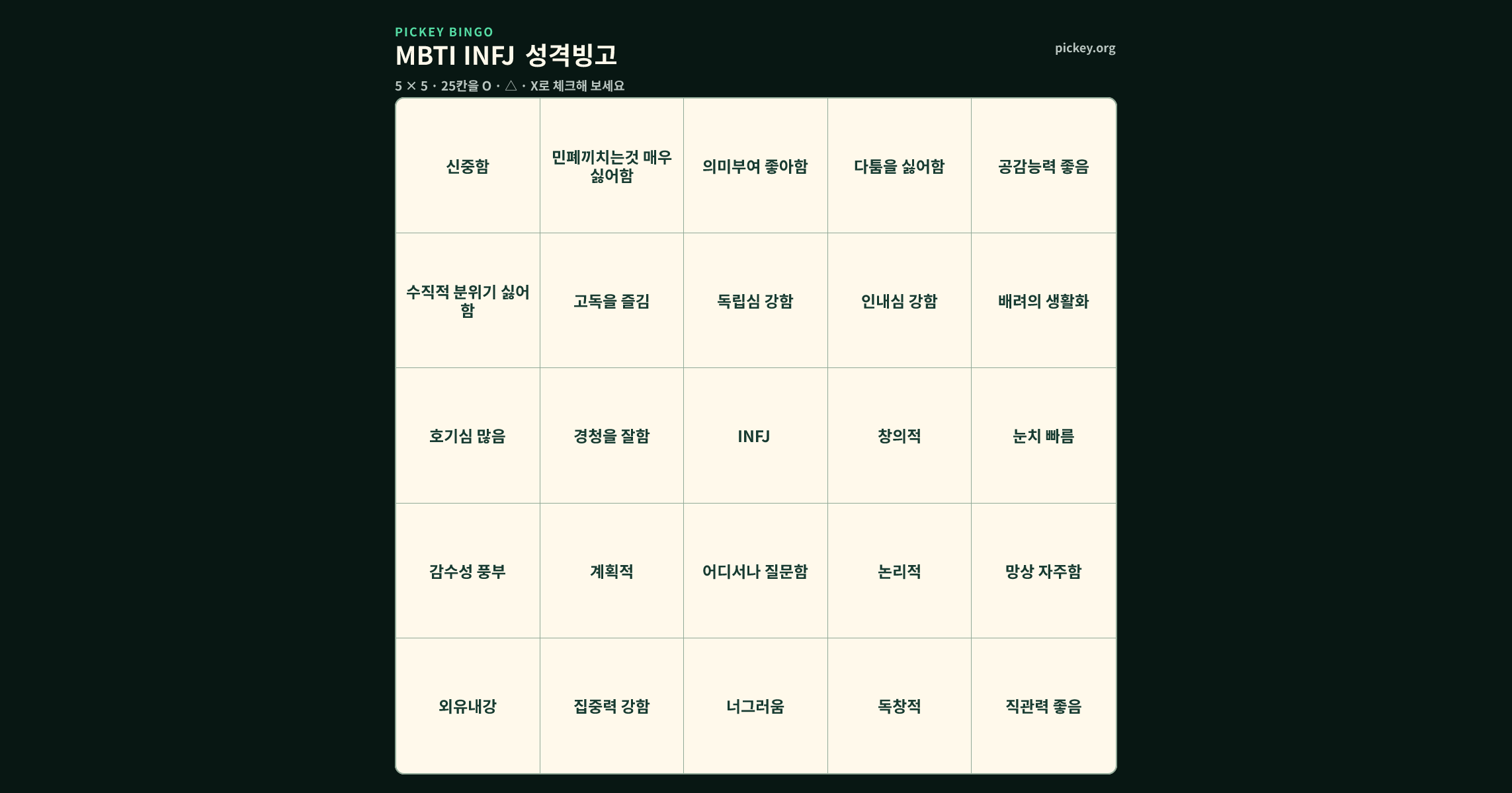 MBTI INFJ 성격빙고 5 × 5 빙고판