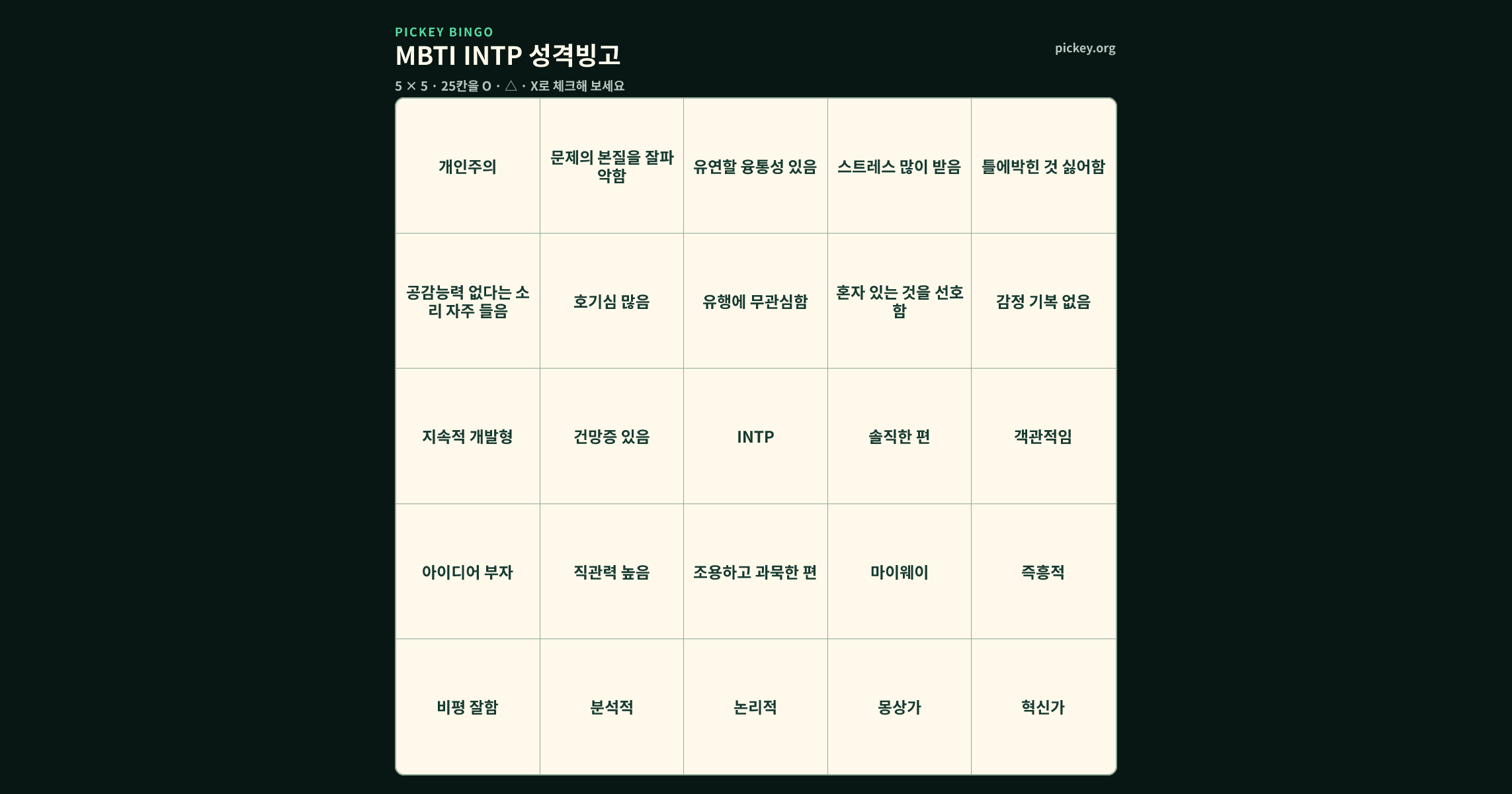 MBTI INTP 성격빙고 5 × 5 빙고판