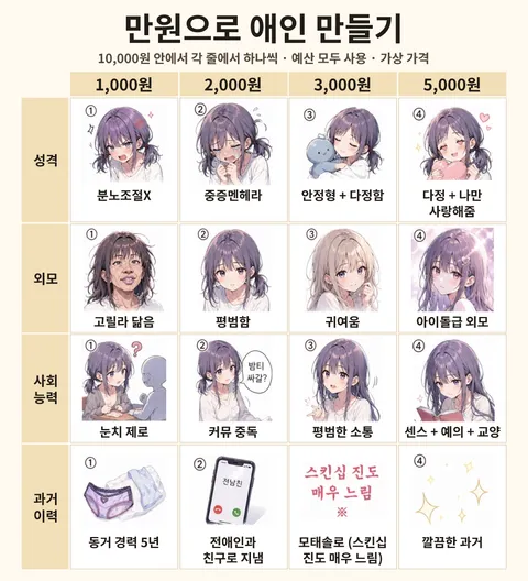 만원으로 애인 만들기 전체 선택지 보드