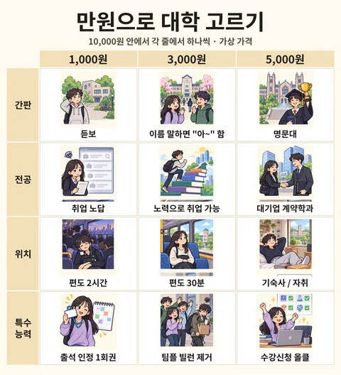 만원으로 대학 고르기 전체 선택지 보드