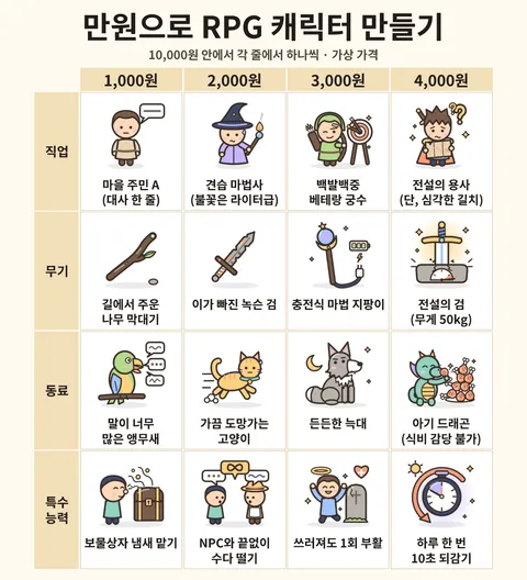 만원으로 RPG 캐릭터 만들기 전체 선택지 보드