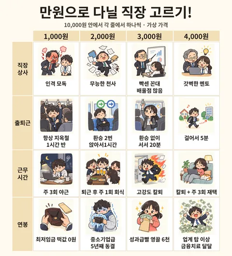만원으로 다닐 직장 고르기! 전체 선택지 보드