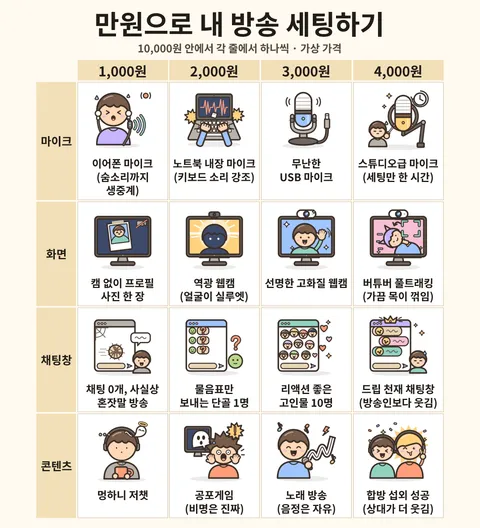 만원으로 내 방송 세팅하기 전체 선택지 보드