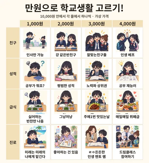 만원으로 학교생활 고르기! 전체 선택지 보드