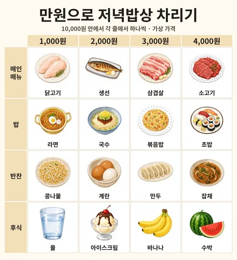 만원으로 저녁밥상 차리기 전체 선택지 보드