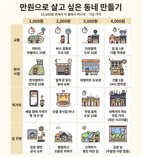 만원으로 살고 싶은 동네 만들기 전체 선택지 보드