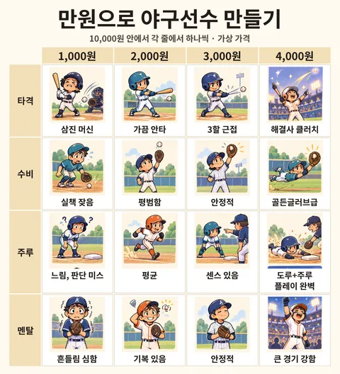만원으로 야구선수 만들기 전체 선택지 보드